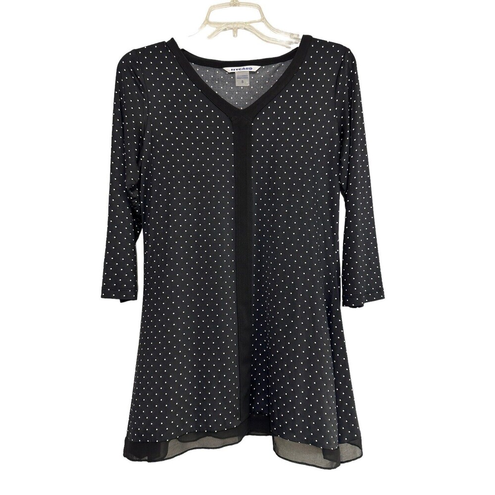 NYGARD Womens Black White Polka Dots Top Shirt Size S Chiffon Trim 3/4 Sleeves
